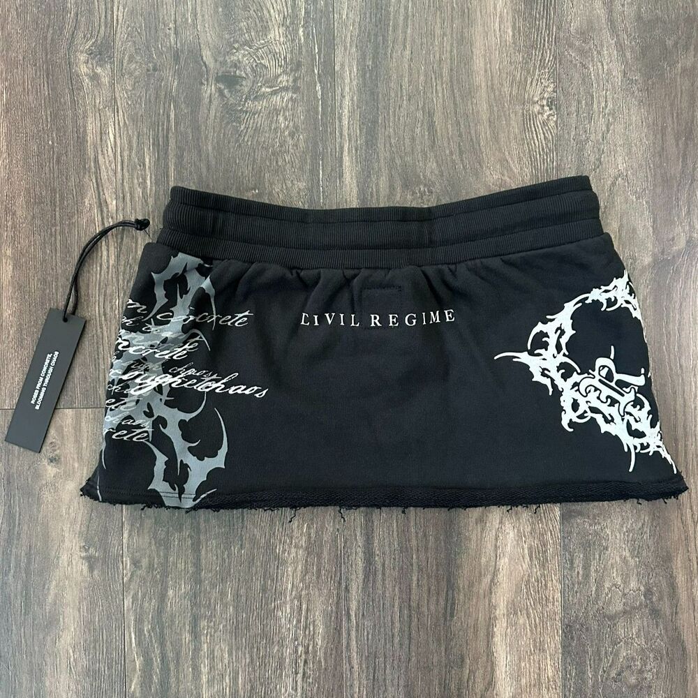 NWT Civil Regime RoseVault Mini Skirt Black Raw Hem Graphic Print Size Medium - Picture 2 of 5